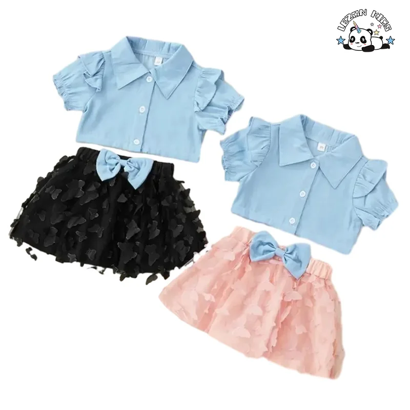 LEZONKIDS - Custom Cute Faux Soft Denim Top Solid Butterfly Skirt Kids Toddler Girl Set Girls Clothing Sets